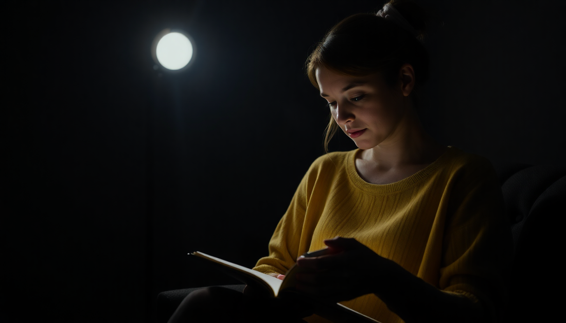 Woman someone journaling in a dark room light down 