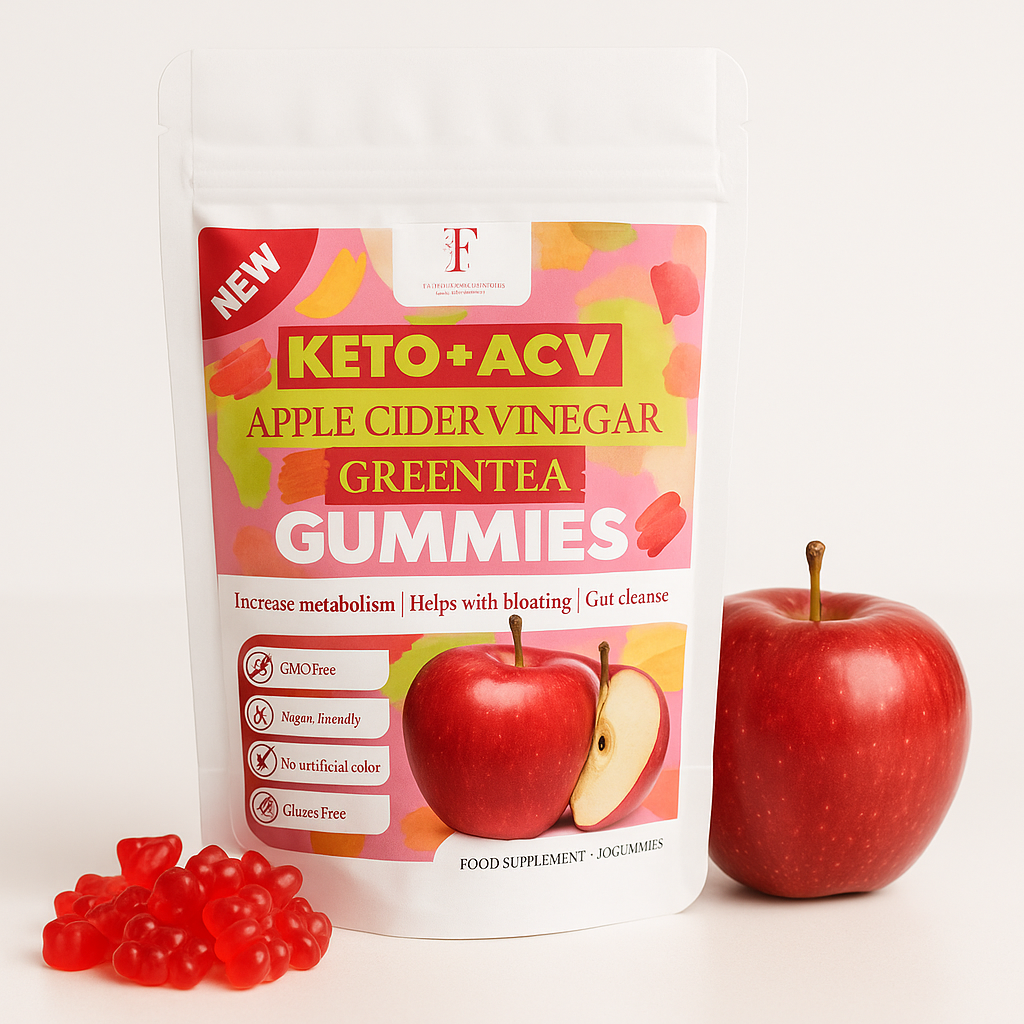 Keto ACV Apple Cider Vinegar Green Tea Gummies packaging with a red apple and gummies on a white background