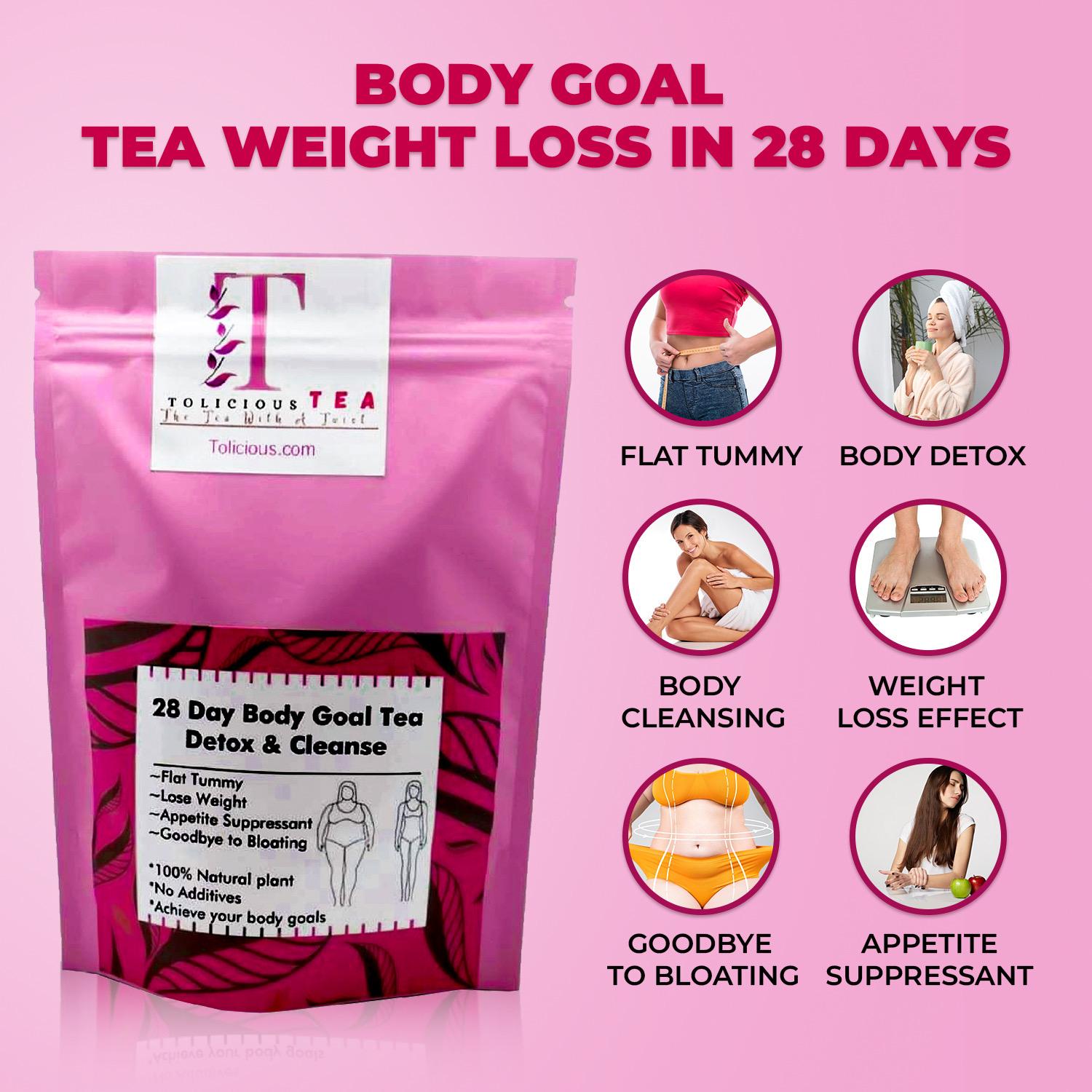 Tolicious 28 Day Body Goal Tea pink package for weight loss with benefits like flat tummy and appetite suppressant