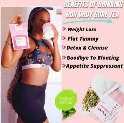 Woman drinking Tolicious Brand Body Goal Tea for weight loss flat tummy detox and appetite suppressant benefits