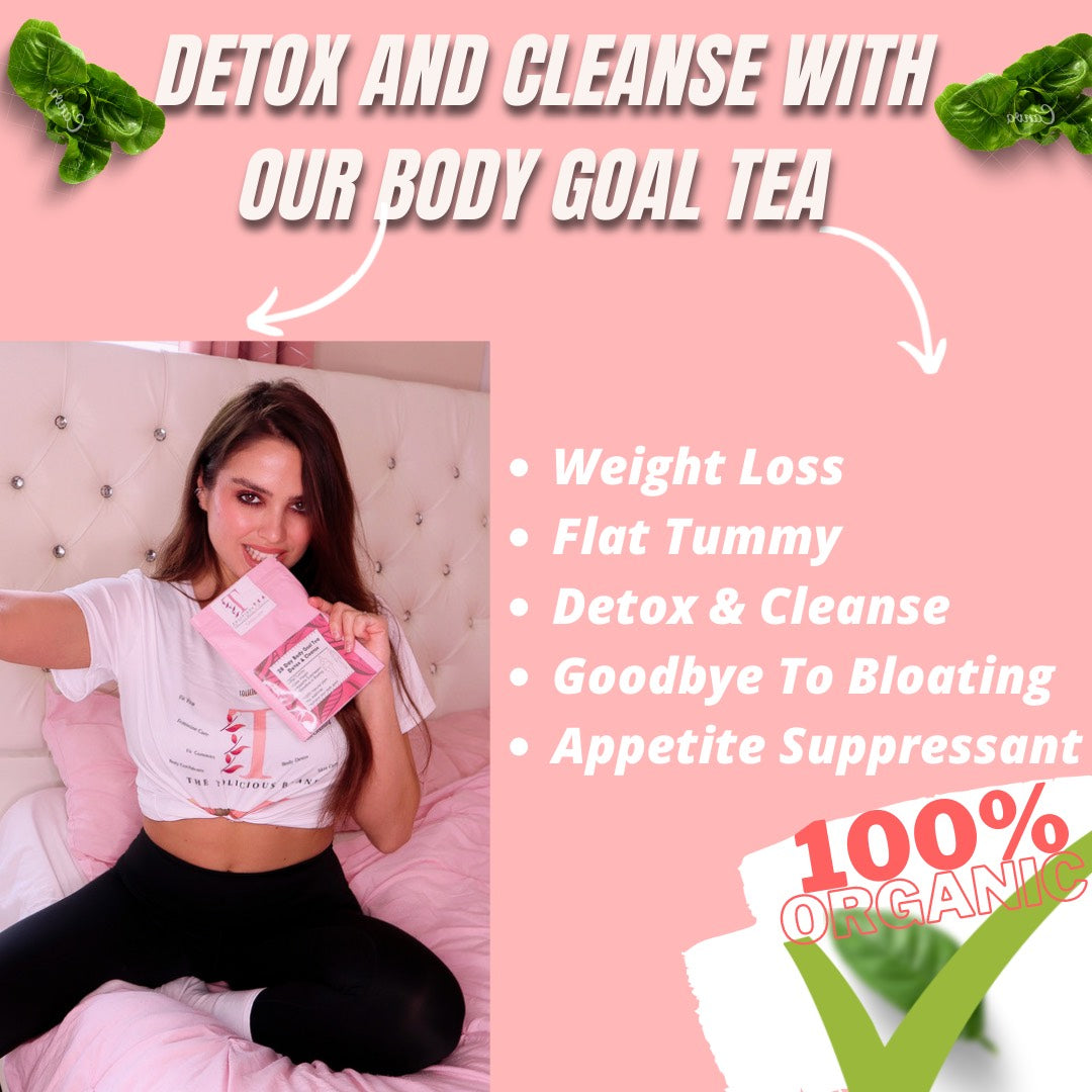 Woman holding Tolicious Body Goal Tea packets promoting detox cleanse weight loss and appetite suppression