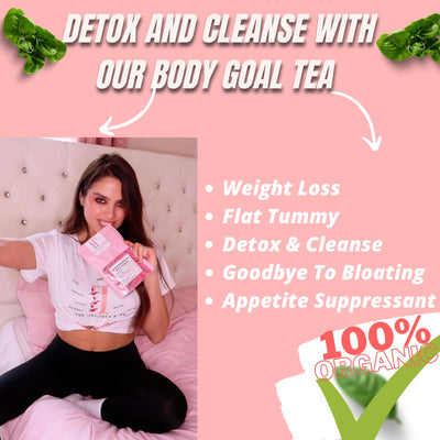 Woman holding Tolicious Body Goal Tea packets promoting detox cleanse weight loss and appetite suppression