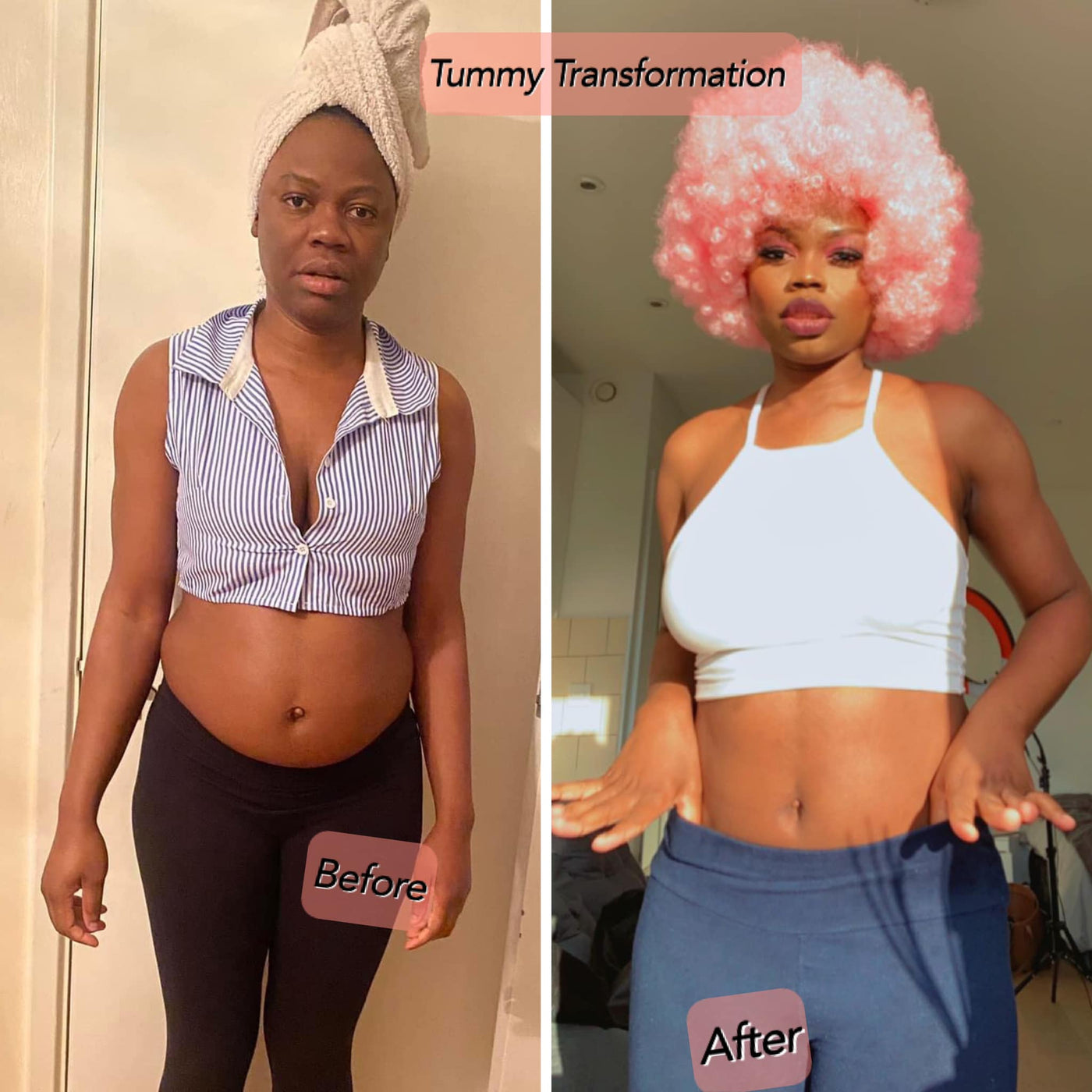 Tolicious Brand simple tummy transformation showing before and after results with improved flat stomach