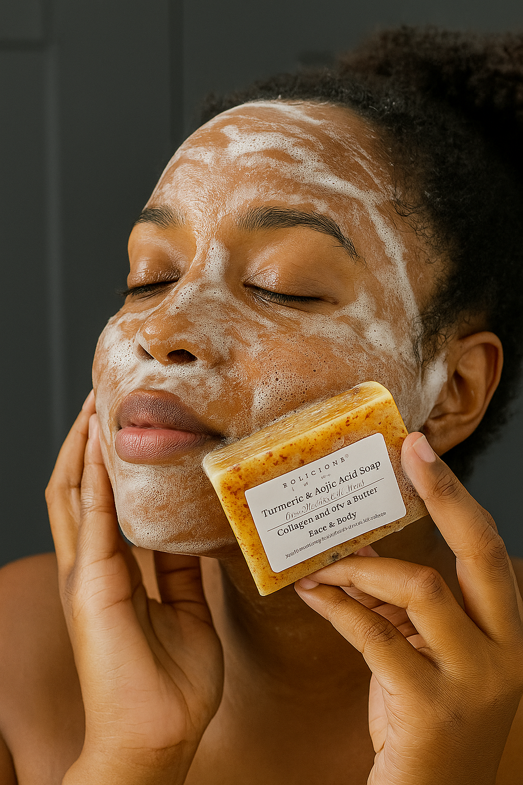 Tolicious brightening soap for face and body with turmeric and collagen applied on woman's foamy face