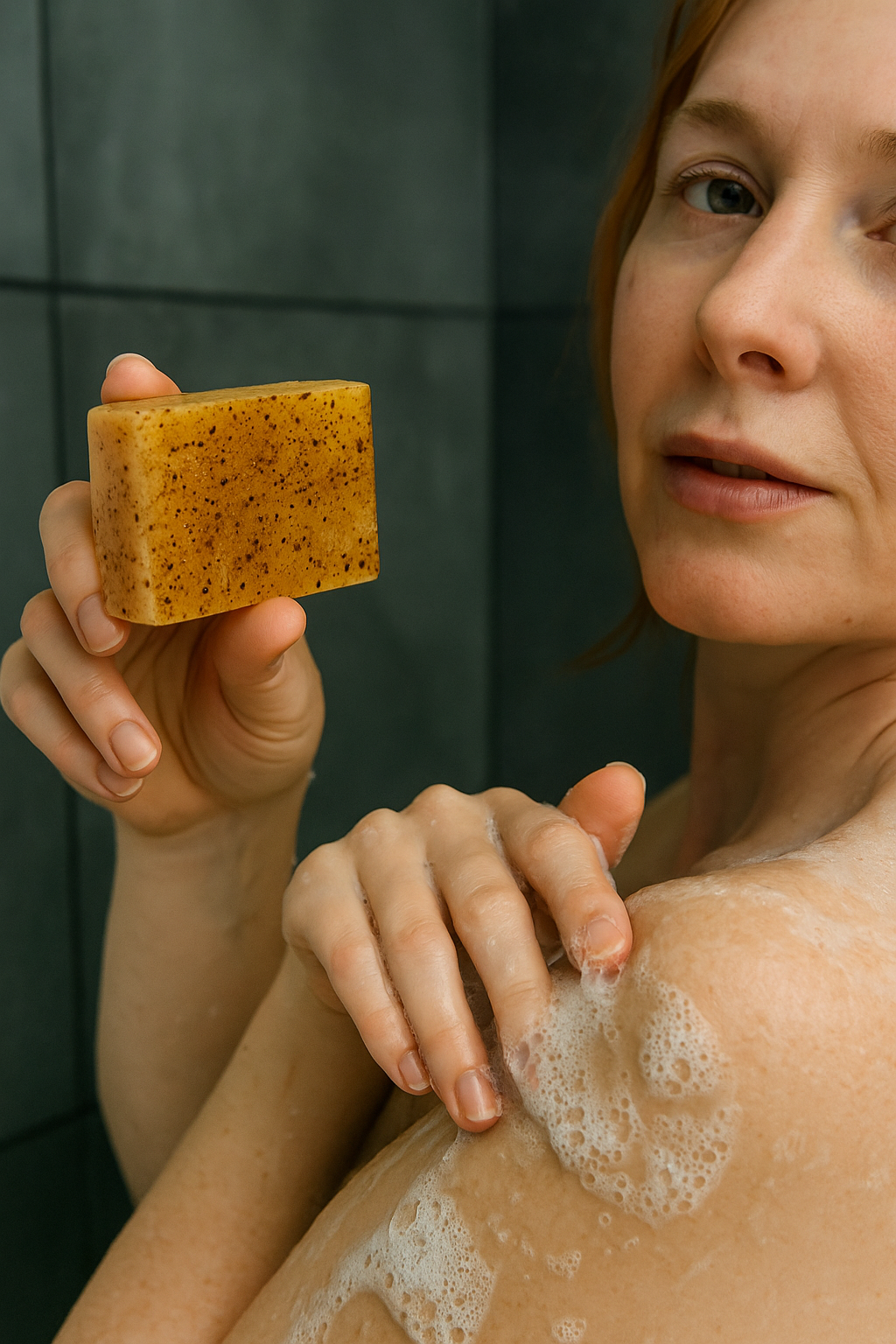 Woman holding Tolicious Brand brightening soap for face and body while washing shoulder with lather