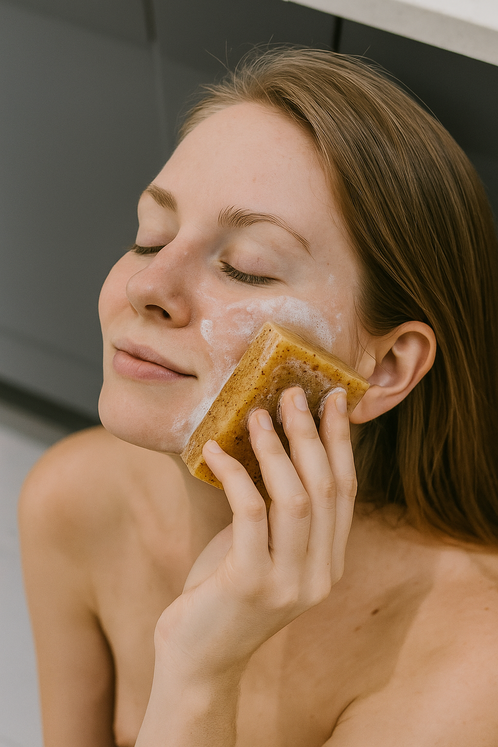 Woman using Tolicious brand brightening soap for face and body to cleanse and refresh skin