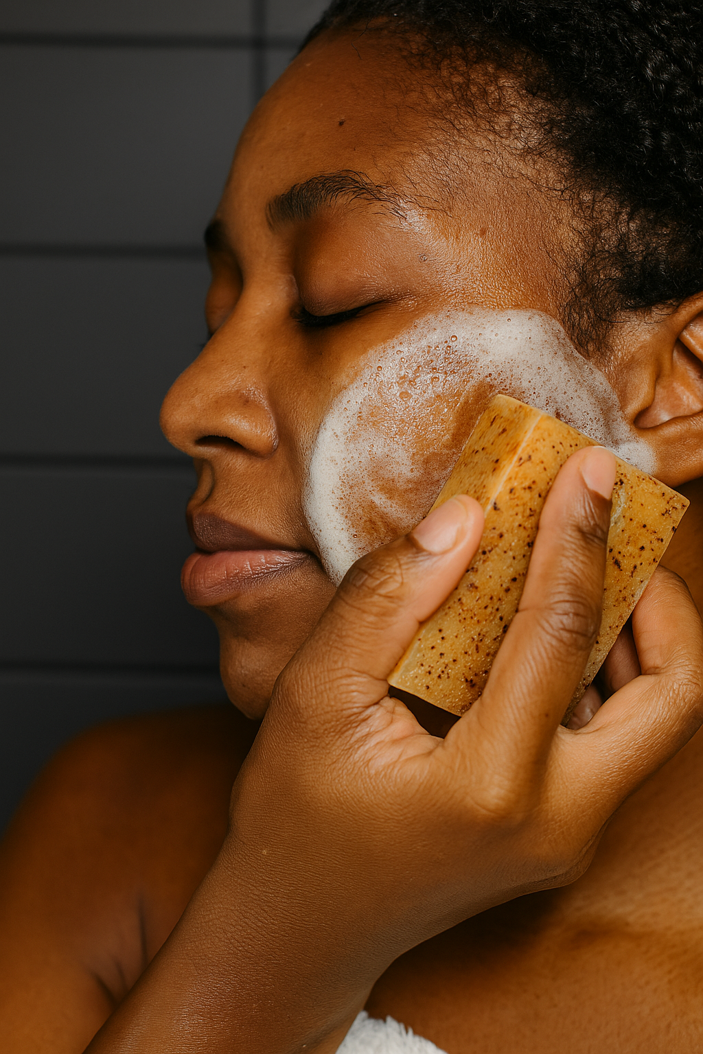 Tolicious brightening soap for face and body being gently applied to woman's cheek with lather