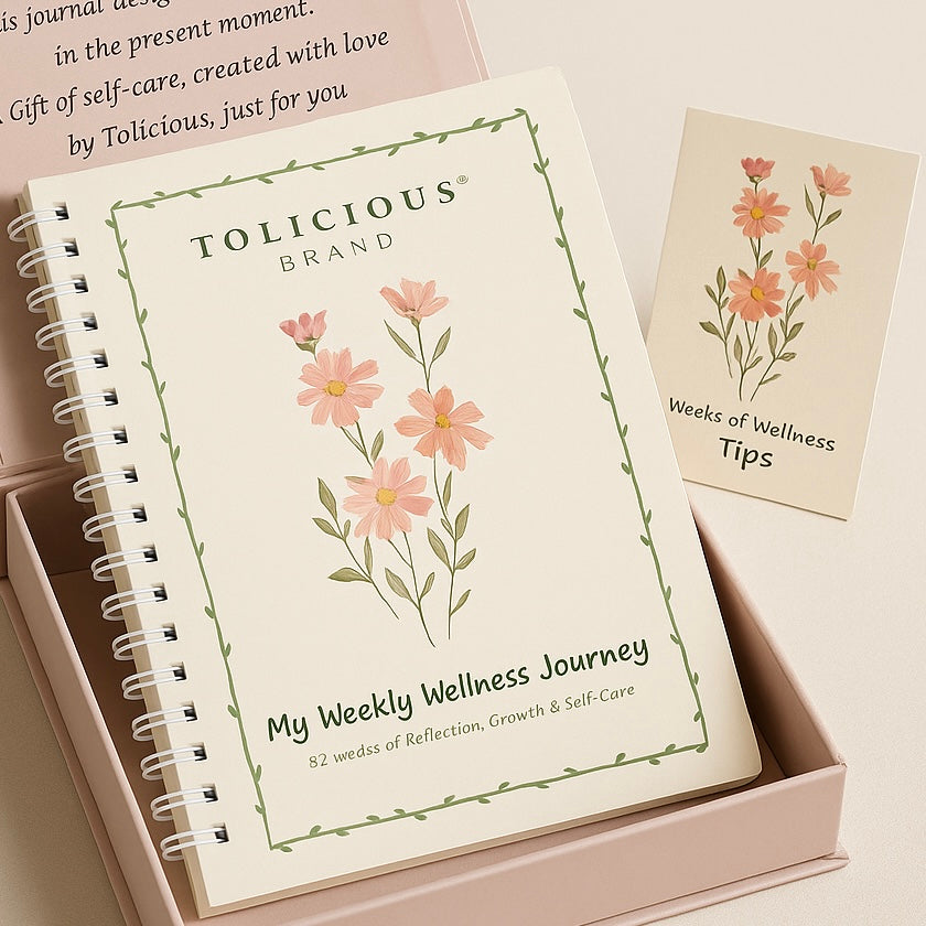Tolicious Brand essential oil infused journal My Weekly Wellness Journey with floral cover and wellness tips card