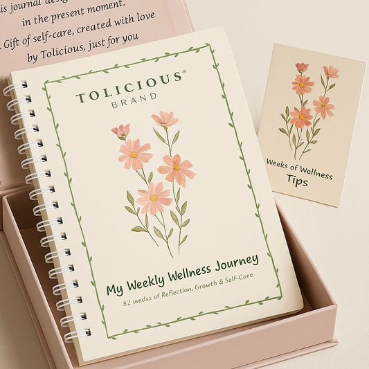 Tolicious Brand essential oil infused journal My Weekly Wellness Journey with floral cover and wellness tips card