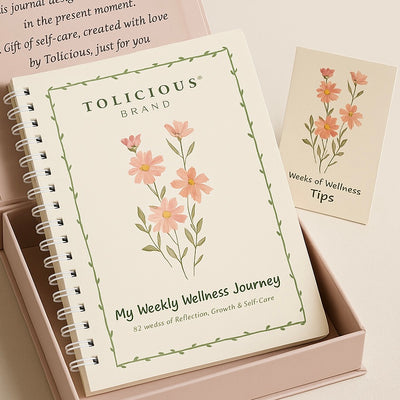 Tolicious Brand essential oil infused journal My Weekly Wellness Journey with floral cover and wellness tips card