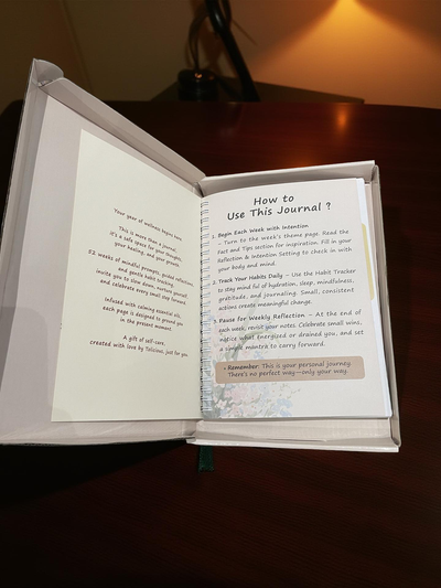 Open essential oil infused journal by Tolicious Brand showing instructions on how to use the journal