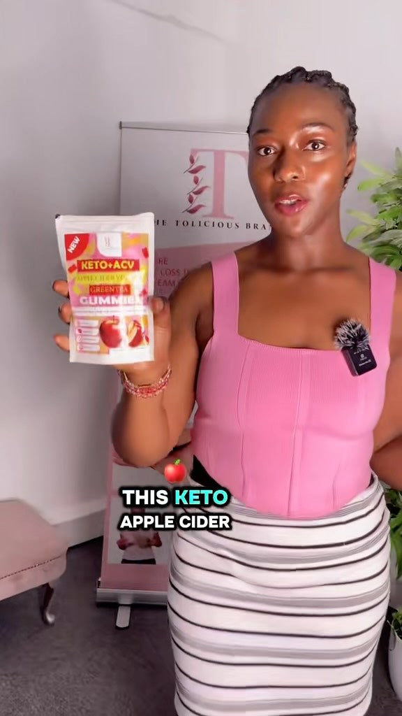 Tolicious Brand wellness tea and detox gummies pack held by woman in pink top promoting keto apple cider