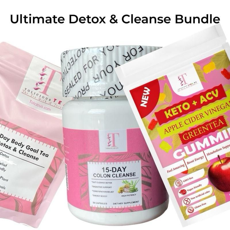 Tolicious brand wellness tea and detox gummies pack including 15-day colon cleanse capsules and apple cider vinegar gummies