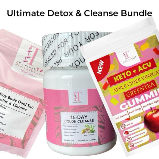 Tolicious brand wellness tea and detox gummies pack including 15-day colon cleanse capsules and apple cider vinegar gummies